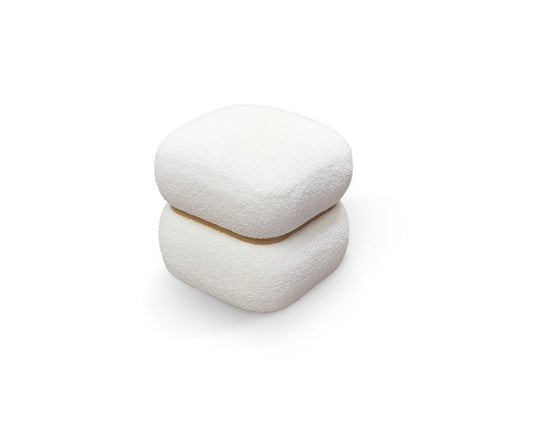 pouf boston quadrato in tessuto effetto lana bianco e anello in legno, pouf imbottito in tessuto o velluto con seduta...