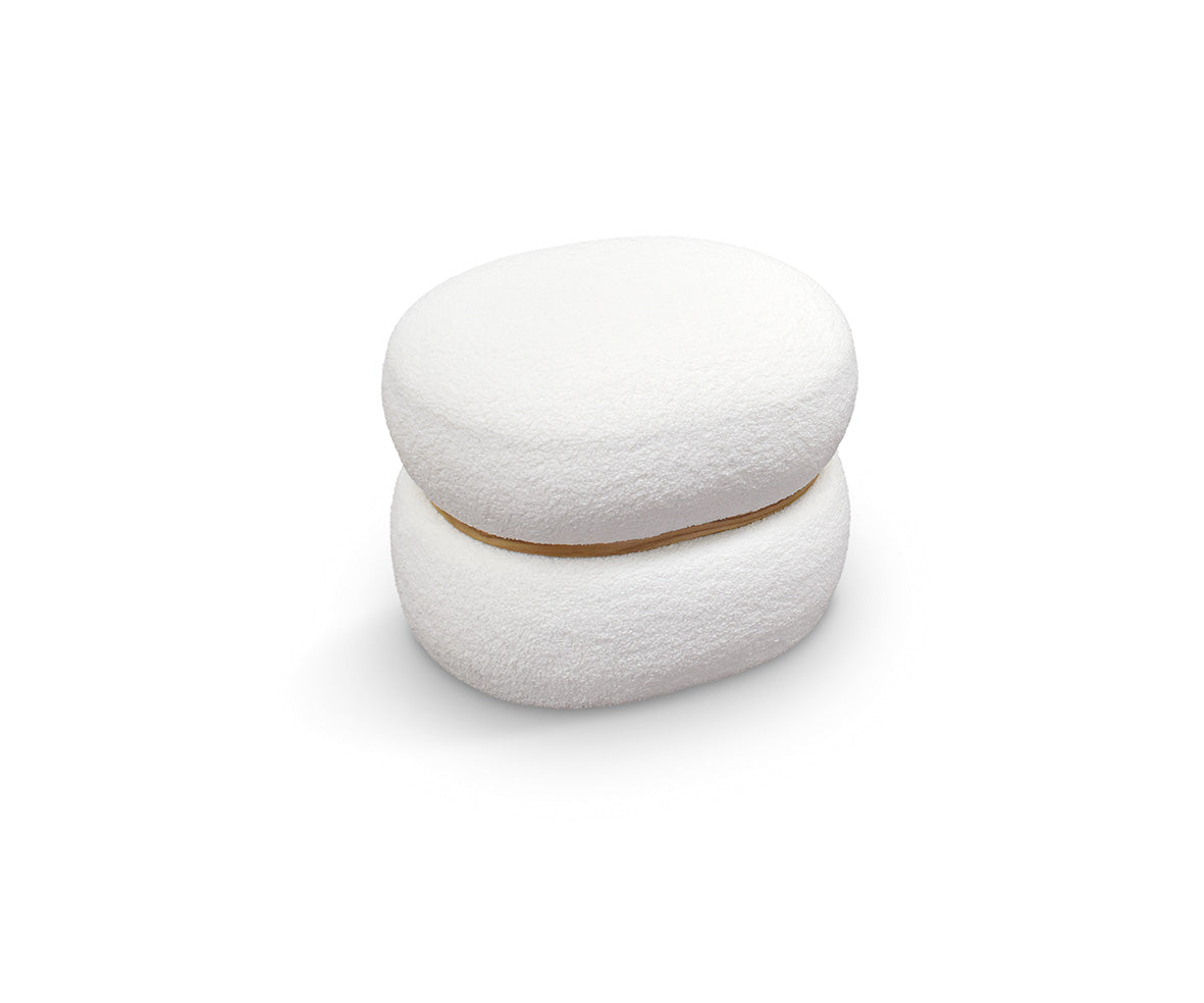 pouf boston ovale in tessuto effetto lana bianco e anello in legno, pouf imbottito in tessuto o velluto con seduta...