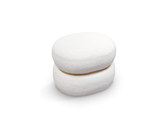 pouf boston ovale in tessuto effetto lana bianco e anello in legno, pouf imbottito in tessuto o velluto con seduta...