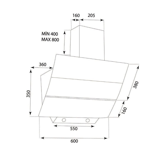 samet cappa da parete turbine 60 nera 60 cm, dettaglio dei materiali e delle finiture della parete