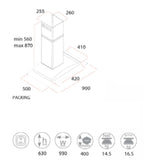 samet cappa weth 90 inox da parete 90 cm cupolino in vetro, vista laterale per mostrare profondità e struttura