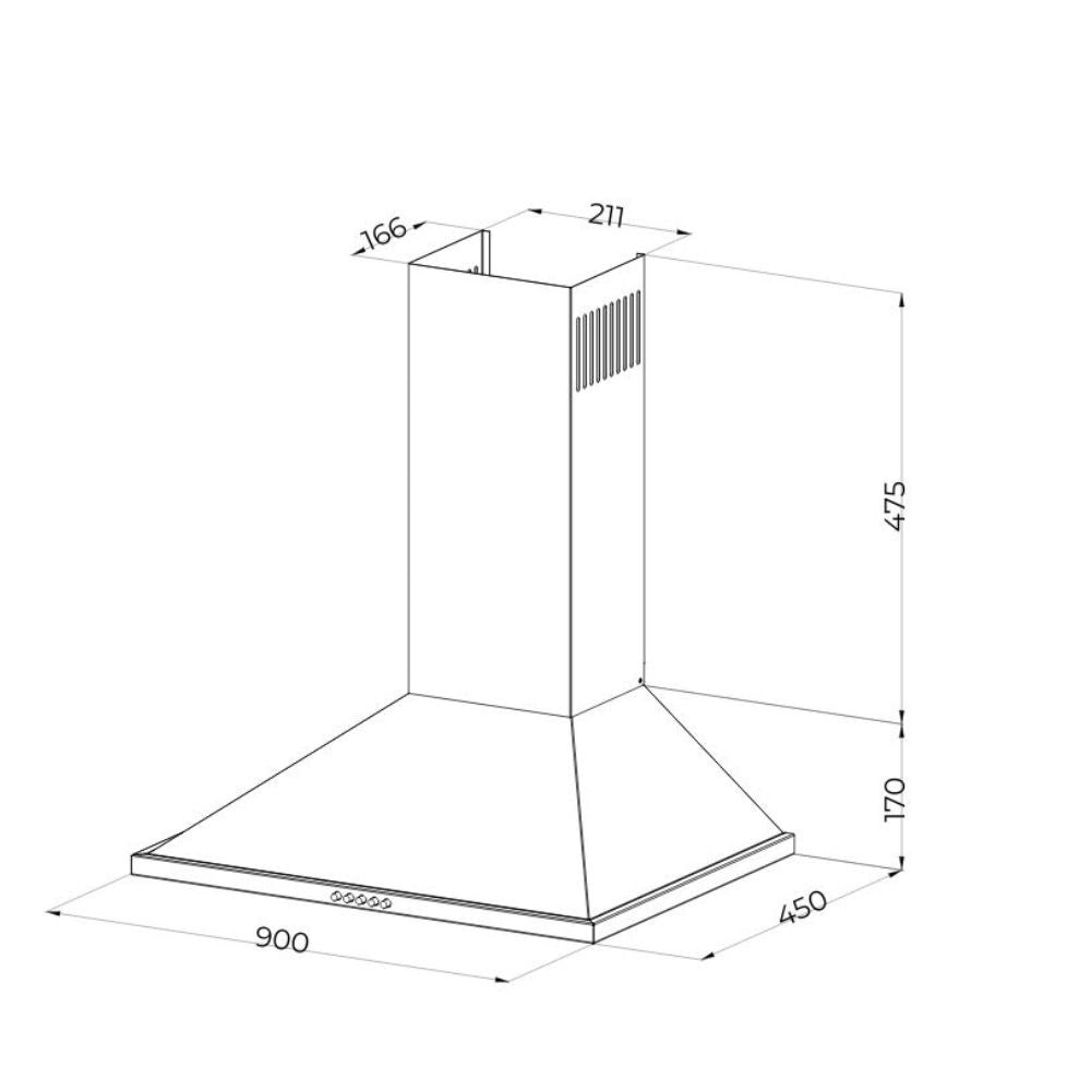 cappa a piramide 90 cm eolo 90 nera samet, dettaglio dei materiali e delle finiture della parete
