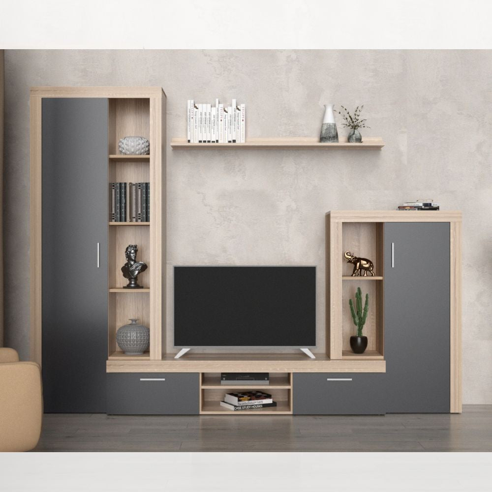 parete attrezzata nobel rovere sonoma e grafite, parete attrezzata vista frontale, moderna e funzionale