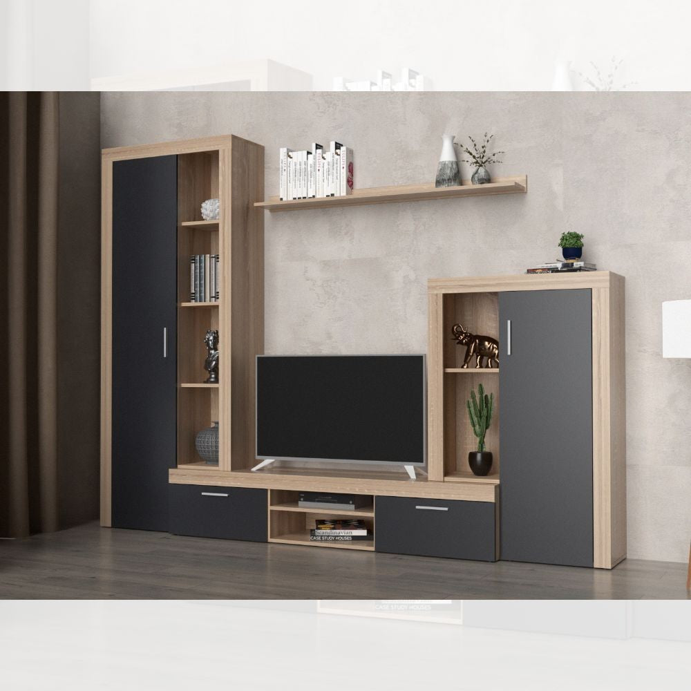 parete attrezzata nobel rovere sonoma e grafite, dettaglio di mensole, ante e moduli contenitori