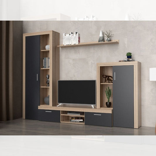 parete attrezzata nobel rovere sonoma e grafite, dettaglio di mensole, ante e moduli contenitori