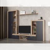 parete attrezzata nobel rovere sonoma e grafite, dettaglio di mensole, ante e moduli contenitori