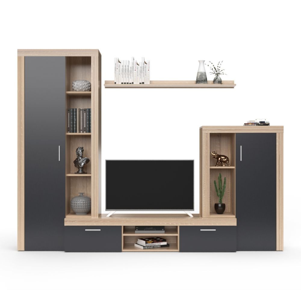 parete attrezzata nobel rovere sonoma e grafite, composizione a parete con spazio TV e libreria