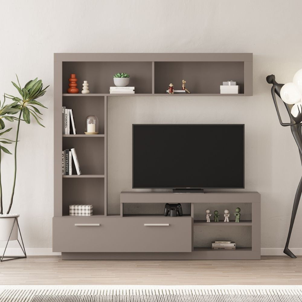 parete attrezzata leo con nicchia a giorno e anta a ribalta colore light mocha, parete attrezzata vista frontale, moderna e funzionale