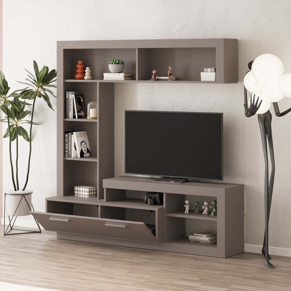 parete attrezzata leo con nicchia a giorno e anta a ribalta colore light mocha, composizione a parete con spazio TV e libreria