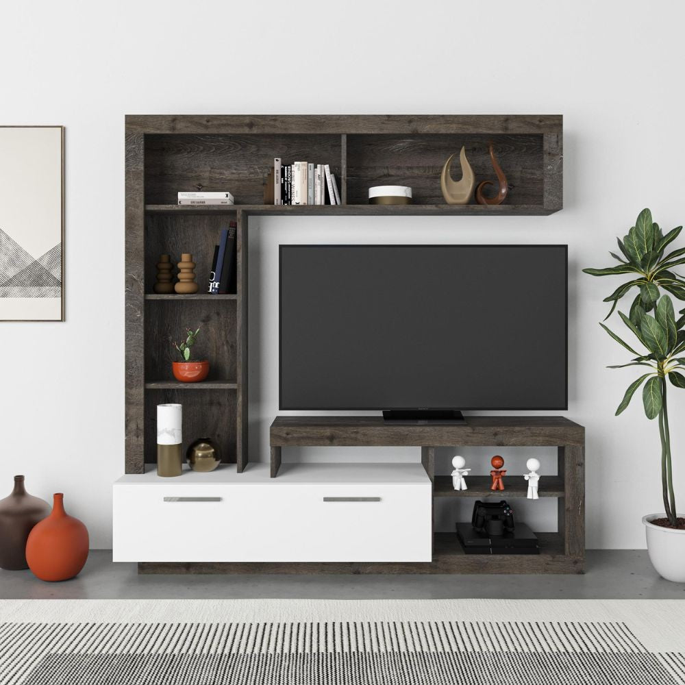 parete attrezzata leo con nicchie a giorno e anta a ribalta colore dark coffee e bianco, dettaglio di mensole, ante e moduli contenitori