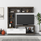 parete attrezzata leo con nicchie a giorno e anta a ribalta colore dark coffee e bianco, dettaglio di mensole, ante e moduli contenitori