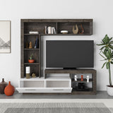 parete attrezzata leo con nicchie a giorno e anta a ribalta colore dark coffee e bianco, composizione a parete con spazio TV e libreria