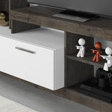 parete attrezzata leo con nicchie a giorno e anta a ribalta colore dark coffee e bianco, vista laterale della parete attrezzata montata