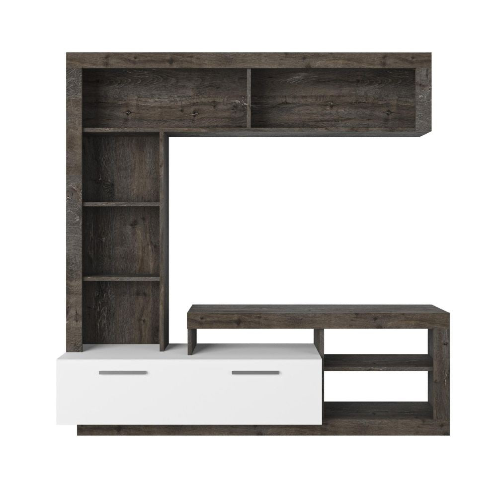 parete attrezzata leo con nicchie a giorno e anta a ribalta colore dark coffee e bianco, parete attrezzata in ambientazione soggiorno