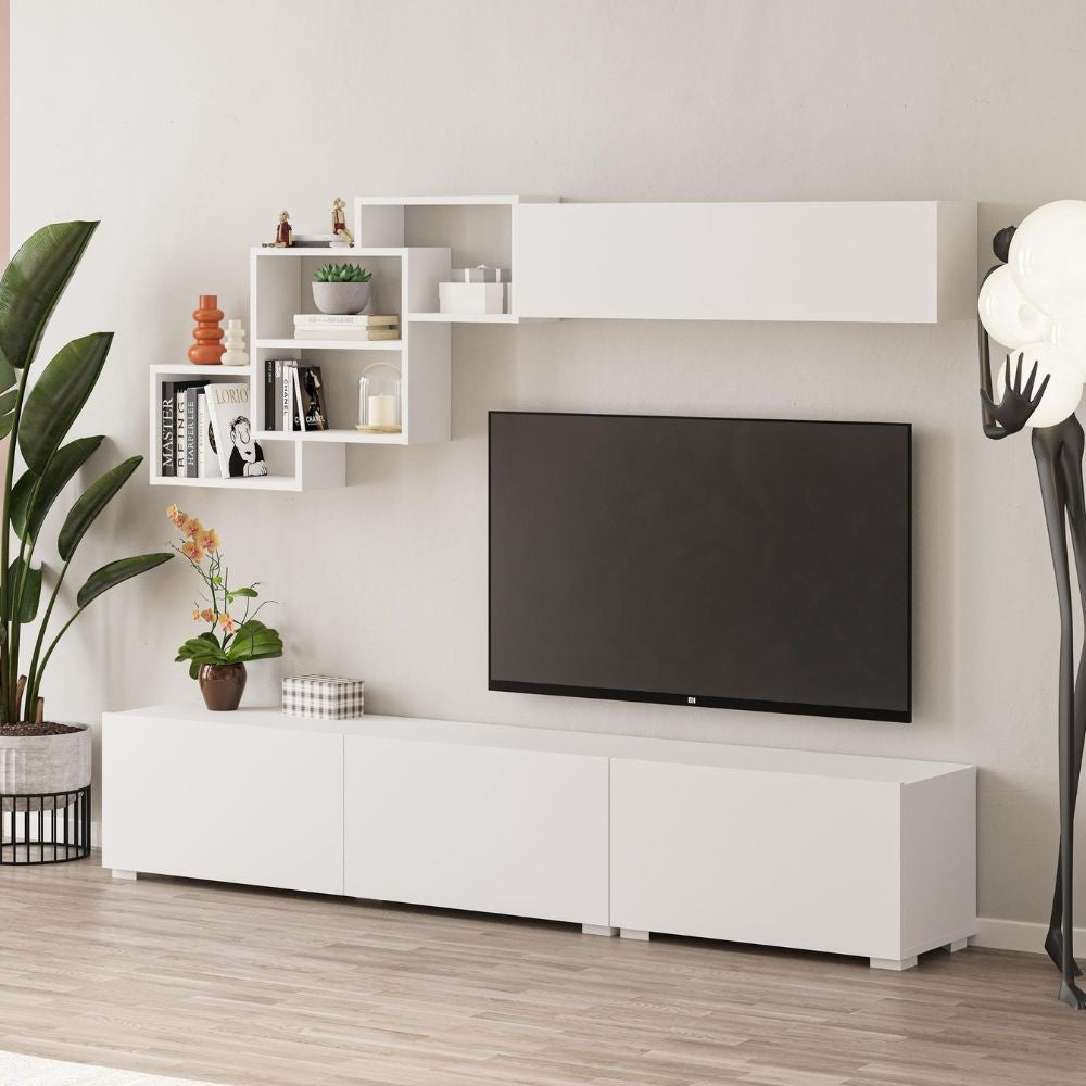 parete attrezzata free con nicchie a giorno colore bianco, parete attrezzata vista frontale, moderna e funzionale