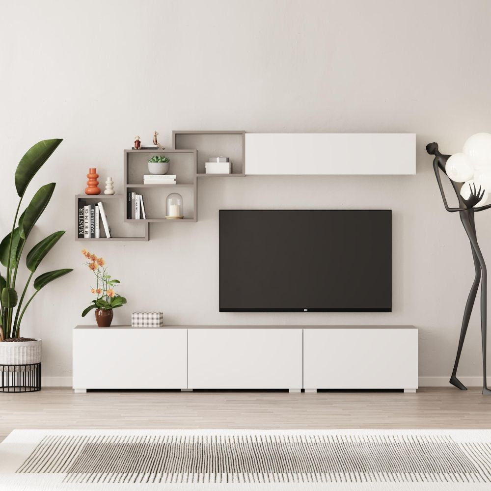 parete attrezzata free con nicchie a giorno colore mocha e bianco, parete attrezzata vista frontale, moderna e funzionale