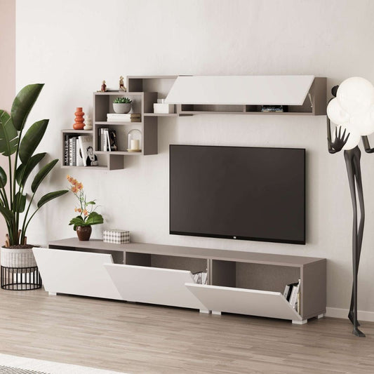 parete attrezzata free con nicchie a giorno colore mocha e bianco, dettaglio di mensole, ante e moduli contenitori