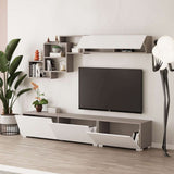 parete attrezzata free con nicchie a giorno colore mocha e bianco, dettaglio di mensole, ante e moduli contenitori