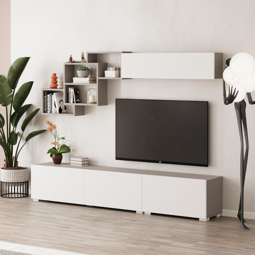 parete attrezzata free con nicchie a giorno colore mocha e bianco, vista laterale della parete attrezzata montata