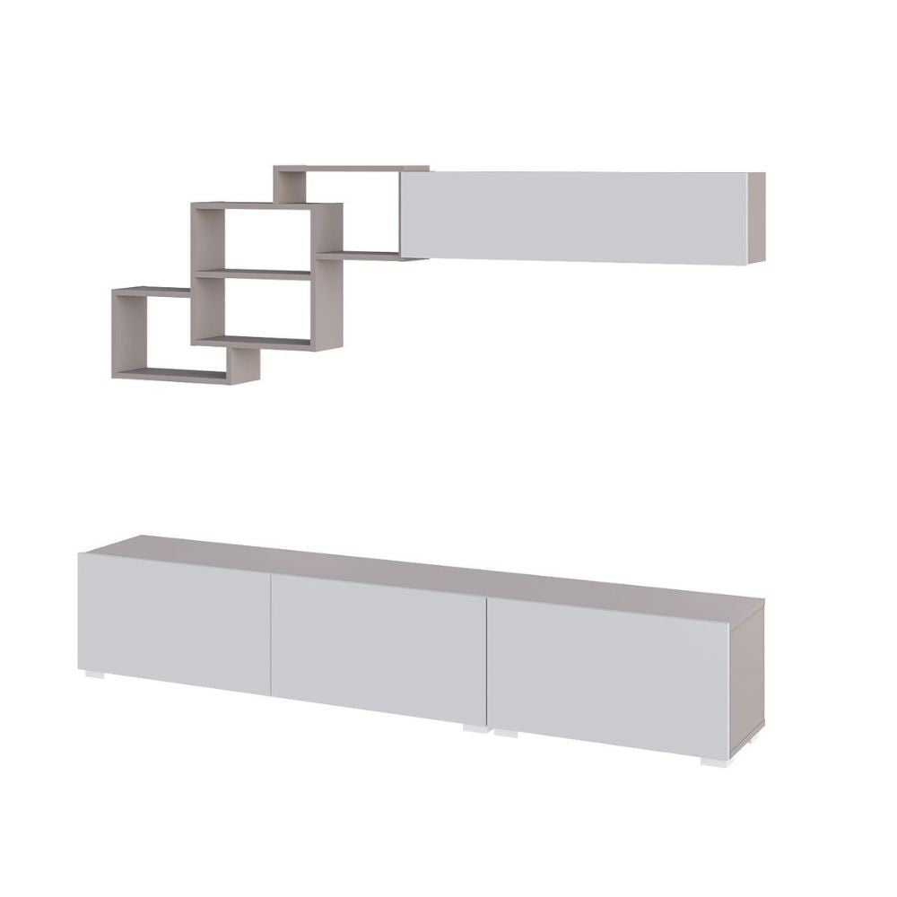 parete attrezzata free con nicchie a giorno colore mocha e bianco, dettaglio dei materiali e finiture coordinate