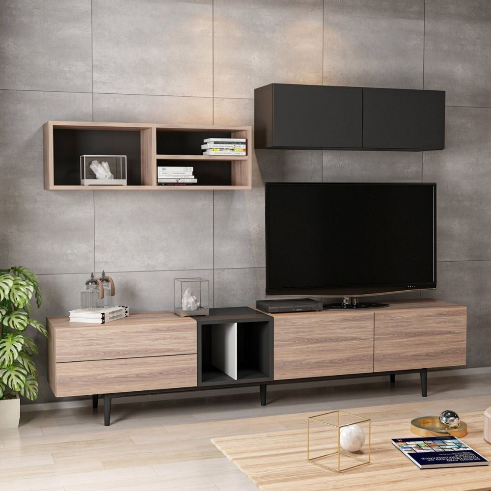 parete attrezzata  diany 195 rovere antracite, composizione a parete con spazio TV e libreria