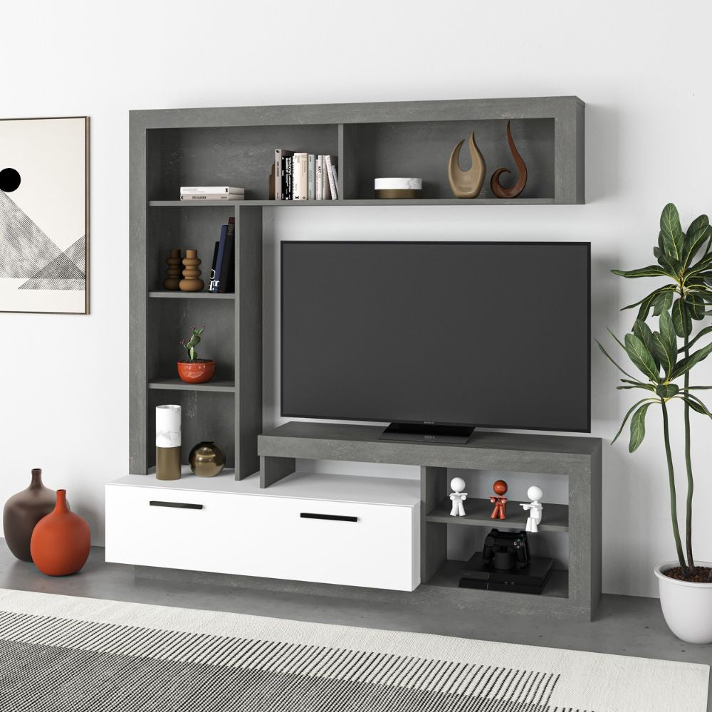 parete attrezzata cemento bianco leo, parete attrezzata vista frontale, moderna e funzionale