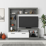 parete attrezzata cemento bianco leo, dettaglio di mensole, ante e moduli contenitori