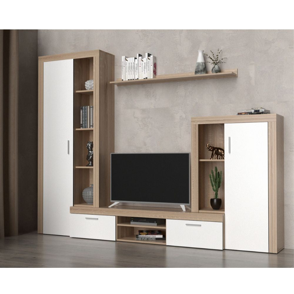 parete attrezzata nobel rovere sonoma e bianco, dettaglio di mensole, ante e moduli contenitori