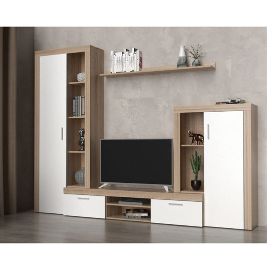 parete attrezzata nobel rovere sonoma e bianco, dettaglio di mensole, ante e moduli contenitori