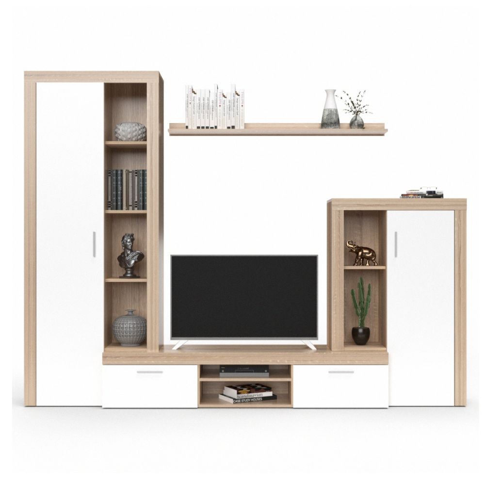 parete attrezzata nobel rovere sonoma e bianco, vista laterale della parete attrezzata montata