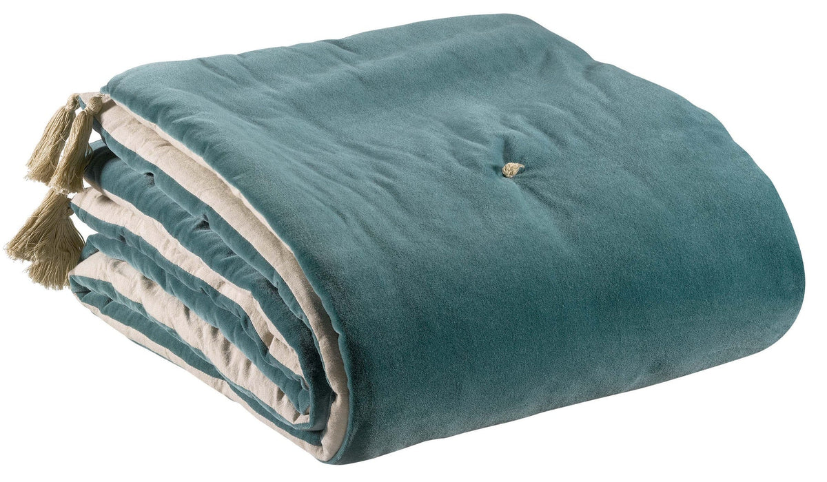 piumino con pompon elise verde grigio, colore verde grigio, taglia 80 x 180. vista frontale del piumino su sfondo bianco,...