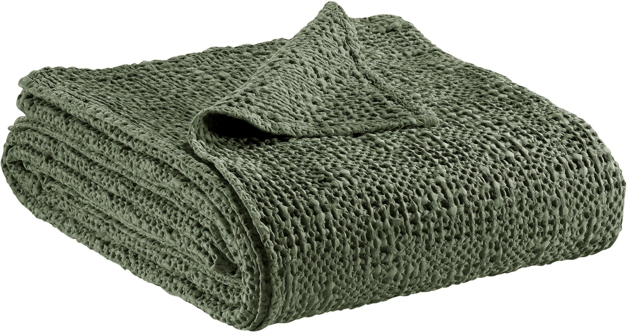 plaid tana oliva, colore oliva, taglia 240 x 260. plaid piegato in vista frontale su fondo bianco, perfetto per arredare...