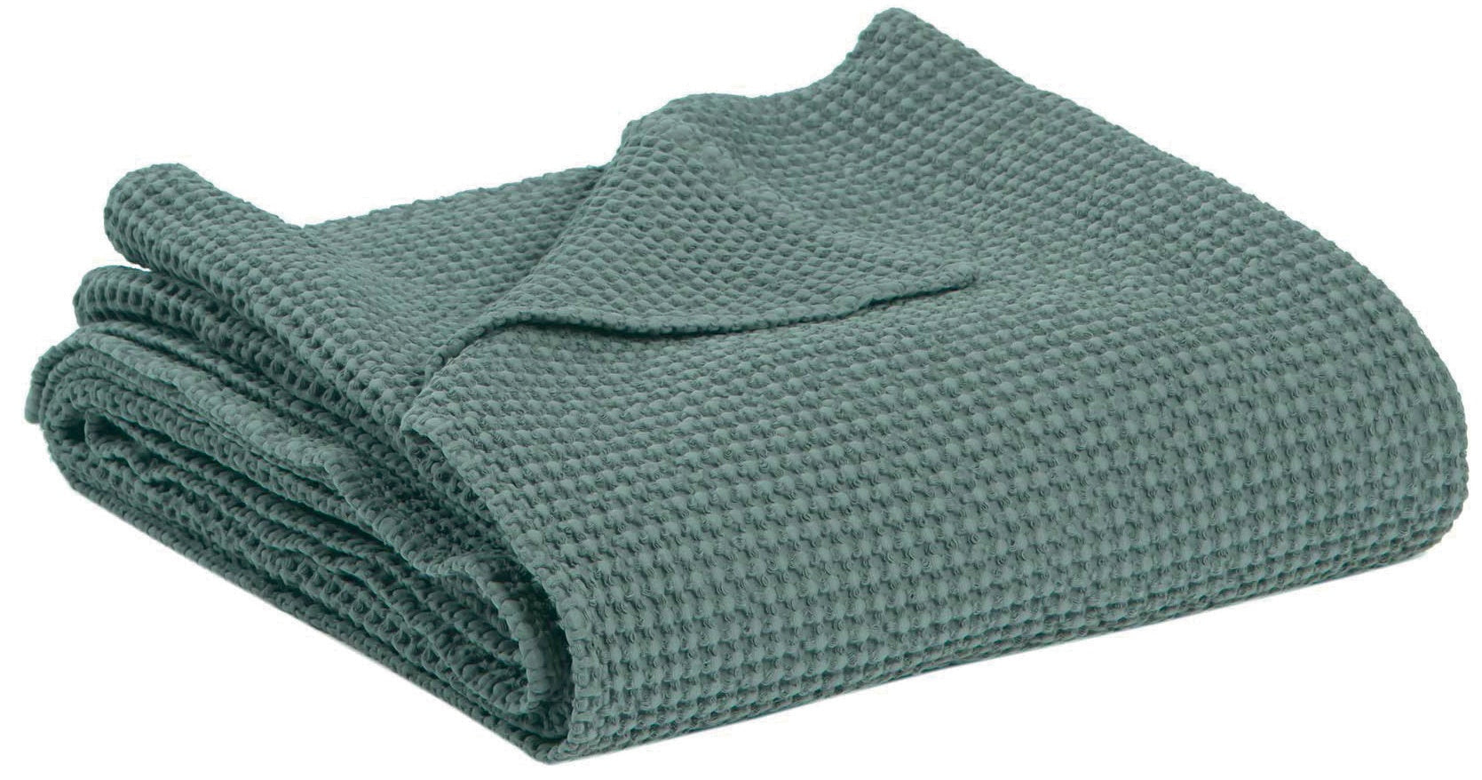 plaid riciclato maia verde grigio, colore verde grigio, taglia 140 x 200. plaid piegato in vista frontale su fondo bianco,...