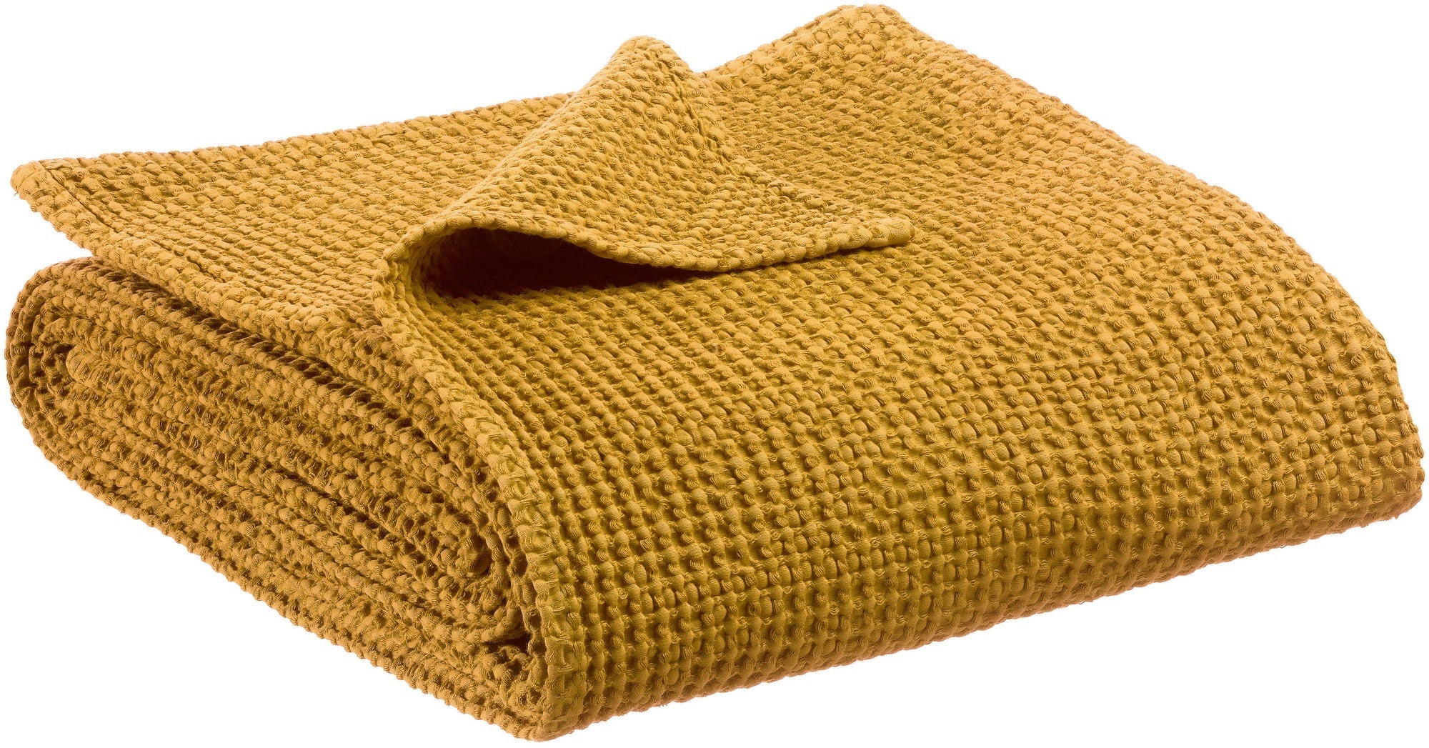 plaid riciclato maia zafferano, colore zafferano, taglia 180 x 260. plaid piegato in vista frontale su fondo bianco,...