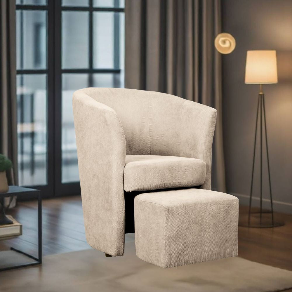 djerba tessuto soro 21 avorio con pouf estraibile, poltrona imbottita con struttura solida e design moderno