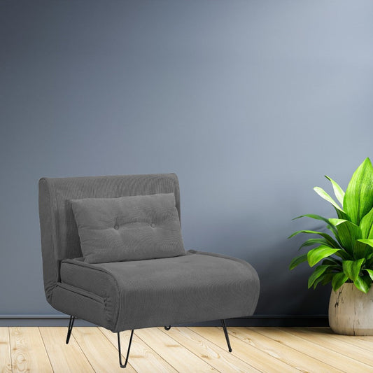 poltrona letto quarzo senza braccioli colore grigio scuro con piedini in metallo, poltrona imbottita con struttura solida e design moderno