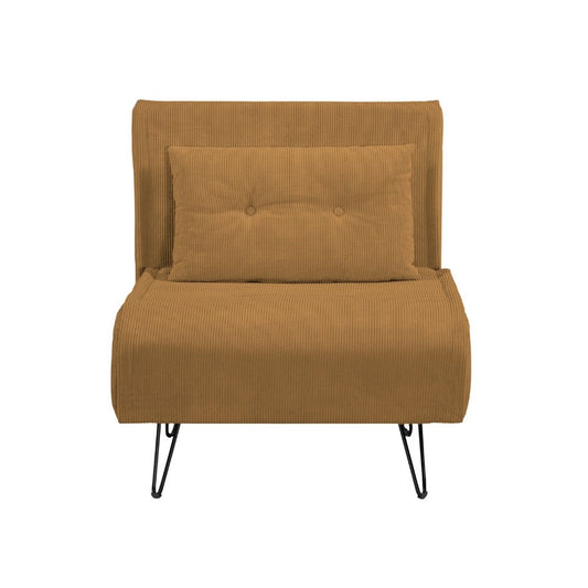 poltrona letto quarzo senza braccioli colore mostarda con piedini in metallo, vista ambientata in soggiorno o angolo lettura