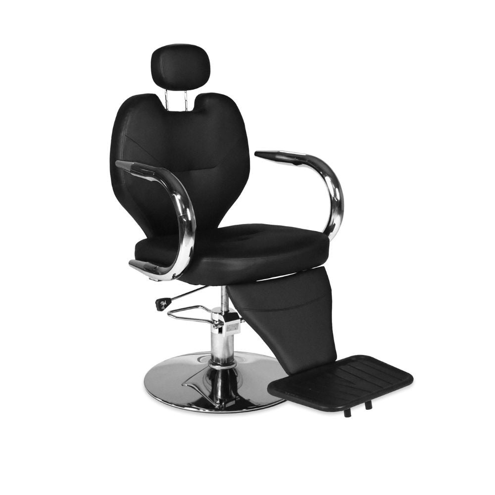 poltrona da barbiere bobo reclinabile in ecopelle nero con braccioli e struttura in acciaio cromato lucido, perfetta per arredare con stile vintage il tuo salone