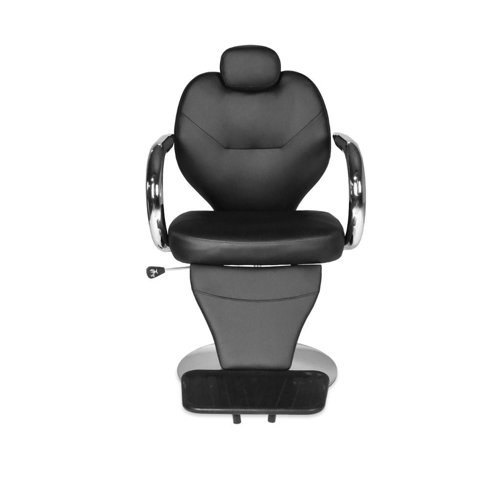 poltrona da barbiere bobo reclinabile in ecopelle nero con braccioli e struttura in acciaio cromato lucido, seduta comoda e regolabile per un’esperienza di taglio premium