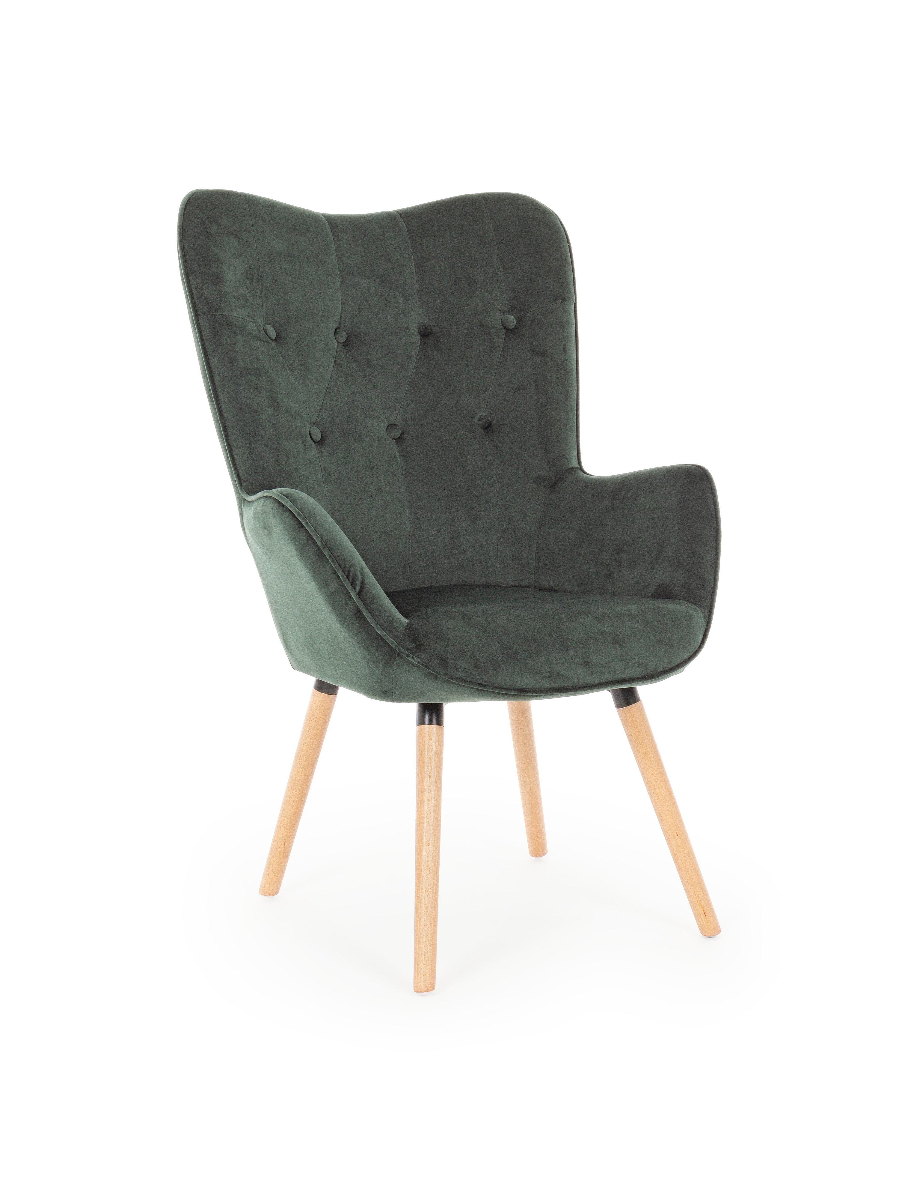 poltrona juliet in tessuto verde, poltrona imbottita con struttura solida e design moderno