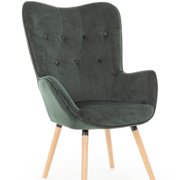 poltrona juliet in tessuto verde, vista ambientata in soggiorno o angolo lettura