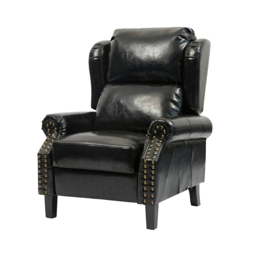 poltrona wing recliner 6 punti massaggianti in ecopelle colore nero, particolare della finitura, tessuto o struttura