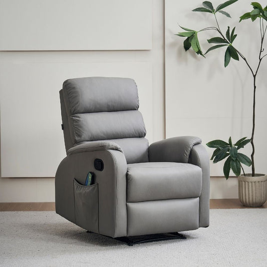 poltrona relax futura manuale 8 punti di massaggio in nabuk grigio chiaro, dettaglio della seduta imbottita e poggiapiedi estensibile