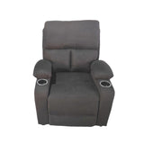 poltrona recliner manuale ninetta con portabicchieri in microfibra nero, dettaglio della seduta imbottita e poggiapiedi estensibile