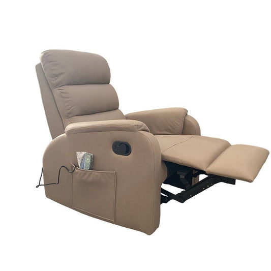 poltrona relax futura mozart taupè manuale 8 punti di massaggio, dettaglio della seduta imbottita e poggiapiedi estensibile