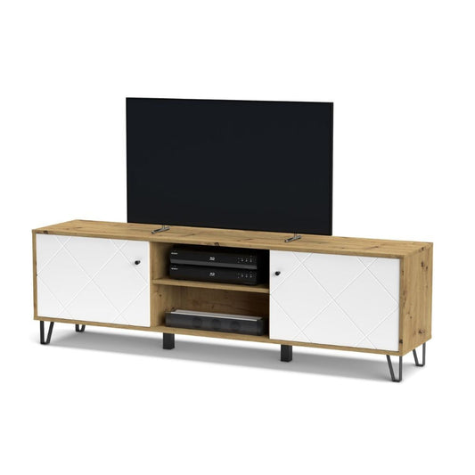 porta tv bollo 2 colore rovere e bianco, dettaglio delle ante e finiture in legno naturale