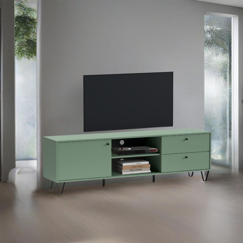 porta tv aldo1 con un'anta 2 cassetti e due vani a giorno colore verde, mobile porta TV moderno con ripiani e vani contenitori
