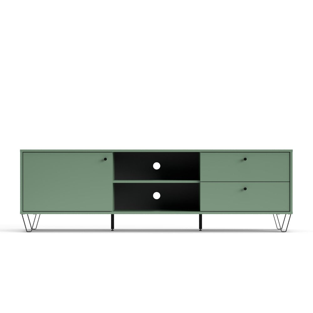 porta tv aldo1 con un'anta 2 cassetti e due vani a giorno colore verde, dettaglio delle ante e finiture in legno naturale