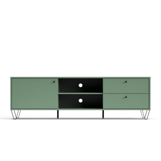 porta tv aldo1 con un'anta 2 cassetti e due vani a giorno colore verde, dettaglio delle ante e finiture in legno naturale