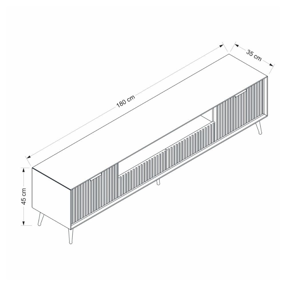porta tv kale con 4 ante effetto cannettato e nicchia a giorno colore cashmere con maniglie e piedini oro, linee minimal per un arredo contemporaneo